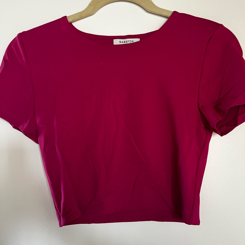 Aritzia Babaton Fuchsia Crewneck Short Sleeve Crop Top